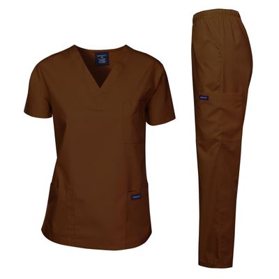 Dagacci Medical Uniform Woman and Man Scrub Set Unisex Medical Scrub Top and Pant, Brown, XL