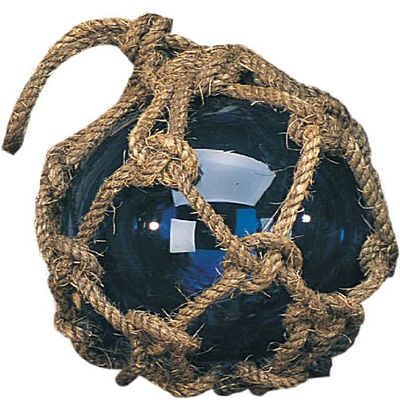 5 Inch Dia Blue Nautical Glass Japanese Fishing Float in Brown Net Hanging Decoration