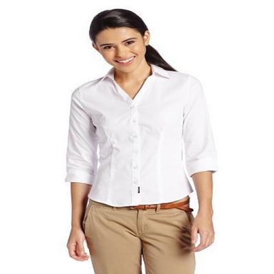 Lee Uniforms Juniors 3/4 Sleeve Stretch Poplin Blouse, White, Small