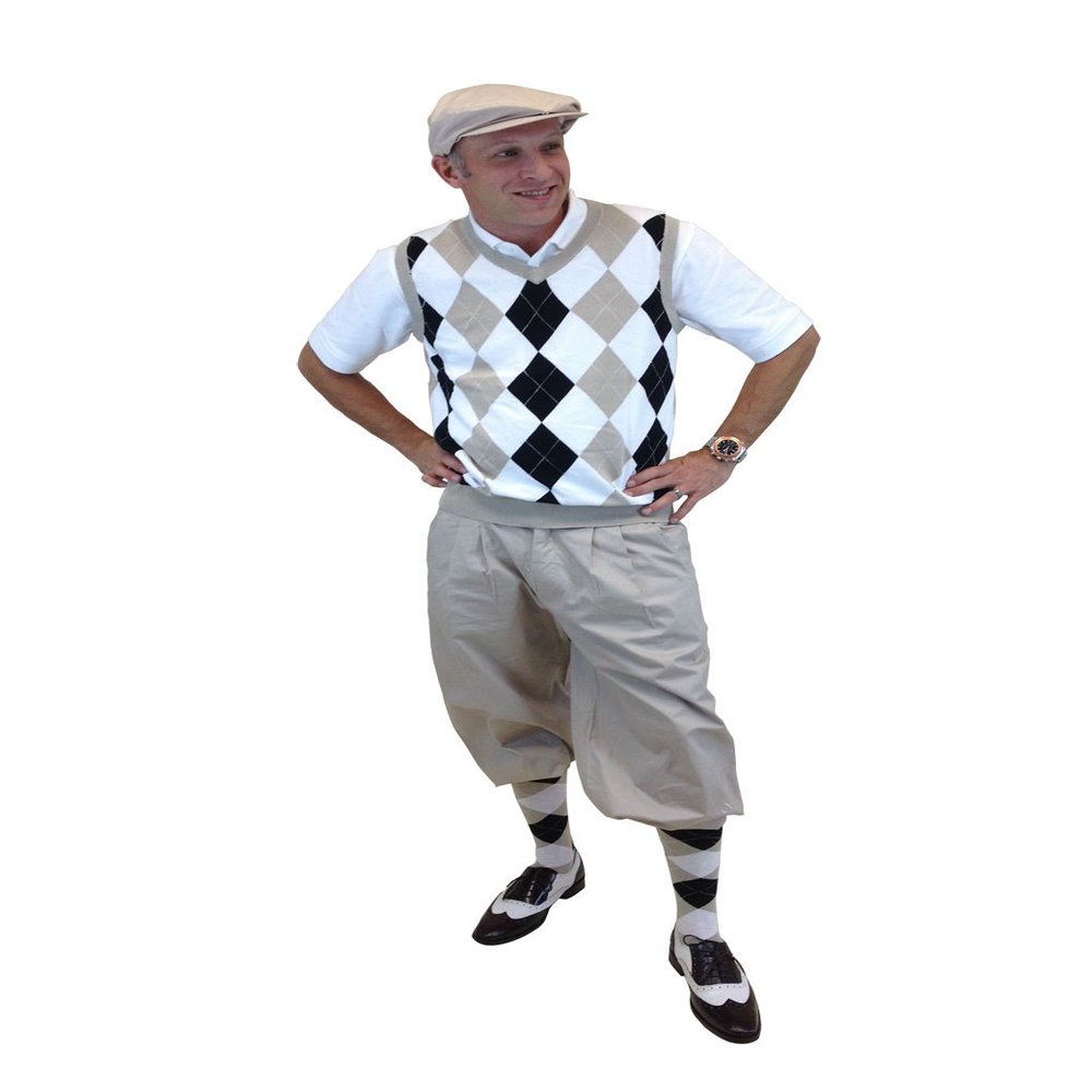 Men's Golf Outfit-Khaki Knickers, Khaki/White/Blk/White Sweater,Socks,Cap 30L