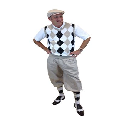 Men's Golf Outfit-Khaki Knickers, Khaki/White/Blk/White Sweater,Socks,Cap 34M