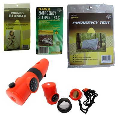 ToolUSA 4 Piece Emergency Outdoor Survival Kit | Includes 6' X 7' Tent with Nylon Tie Downs | 84" X 36" Reflective Sleeping Bag | 50" X 79" Blanket | 6-in-1 Multi Tool Whistle