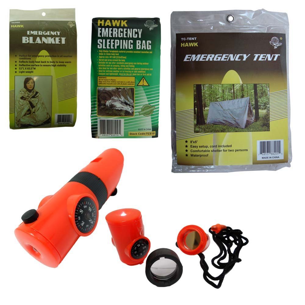 ToolUSA 4 Piece Emergency Outdoor Survival Kit | Includes 6' X 7' Tent with Nylon Tie Downs | 84" X 36" Reflective Sleeping Bag | 50" X 79" Blanket | 6-in-1 Multi Tool Whistle