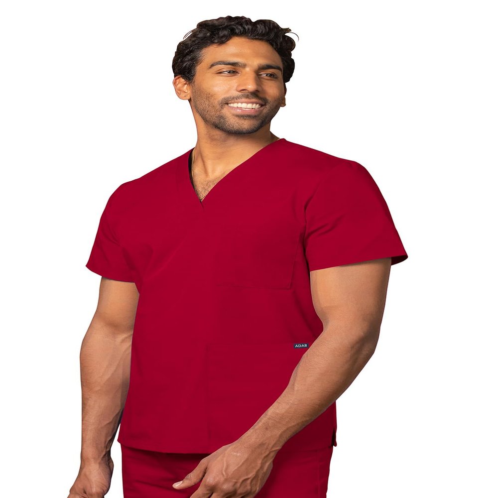 Adar Universal Unisex Scrubs - V-Neck Tunic Scrub Top - 601 - Red - XXS