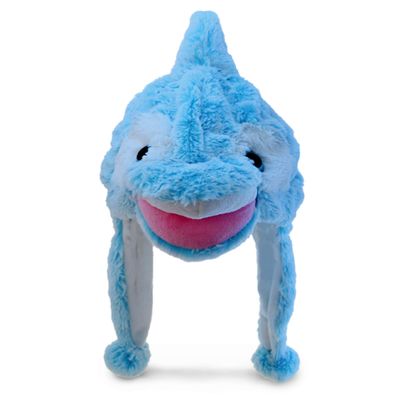 DolliBu Dolphin Plush Animal Hat - One Size, Soft Blue Polyester for Kids, Girls & Boys, With Ear Flaps, Ideal for Winter Wear, Halloween, Cosplay Parties & Birthdays