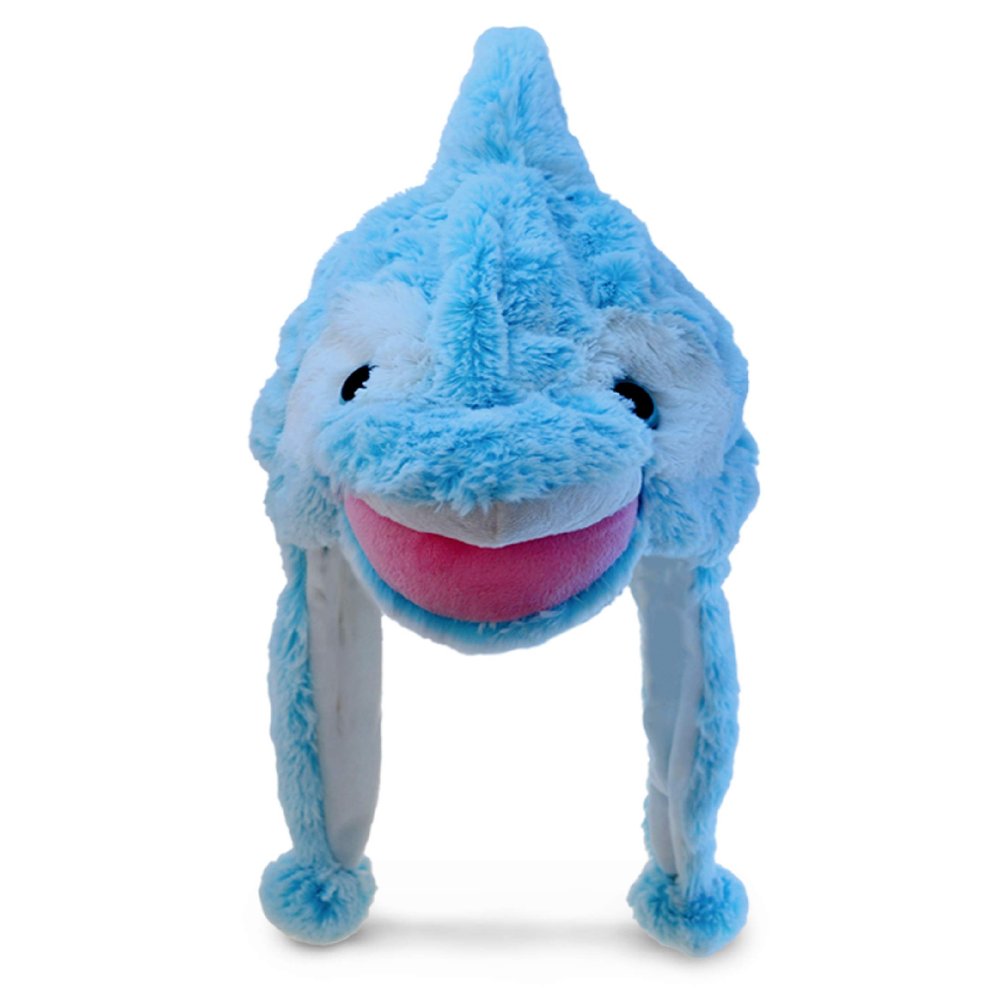 DolliBu Dolphin Plush Animal Hat - One Size, Soft Blue Polyester for Kids, Girls & Boys, With Ear Flaps, Ideal for Winter Wear, Halloween, Cosplay Parties & Birthdays