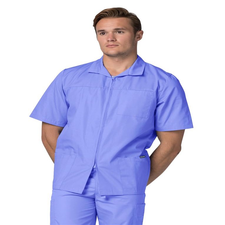 Adar Universal Scrubs for Men - Zippered Short Sleeved Scrub Jacket - 607 - Ceil Blue - XS
