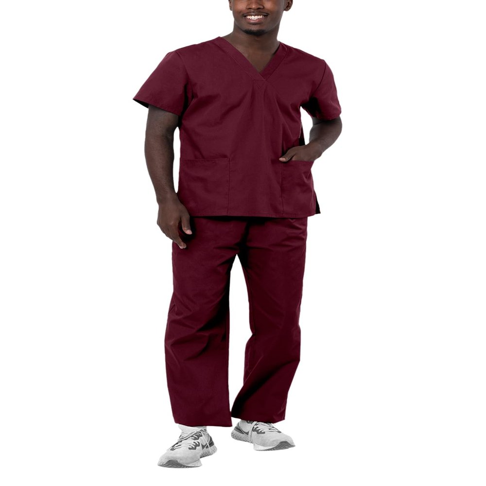 Adar Durable Unisex Scrubs Set - Classic V-Neck Scrub Top & Drawstring Scrub Pants For Men & Women - 701 - Burgundy - XS