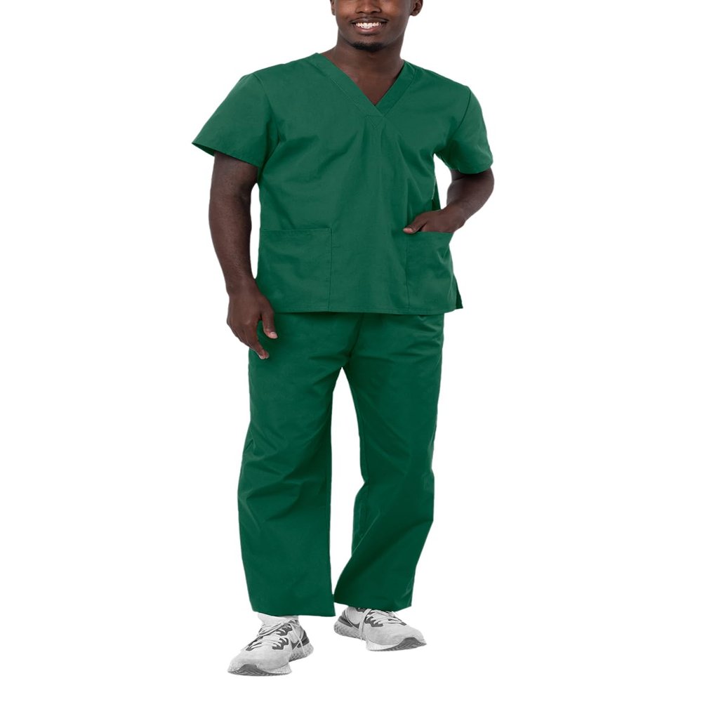 Adar Durable Unisex Scrubs Set - Classic V-Neck Scrub Top & Drawstring Scrub Pants For Men & Women - 701 - Hunter Green - L