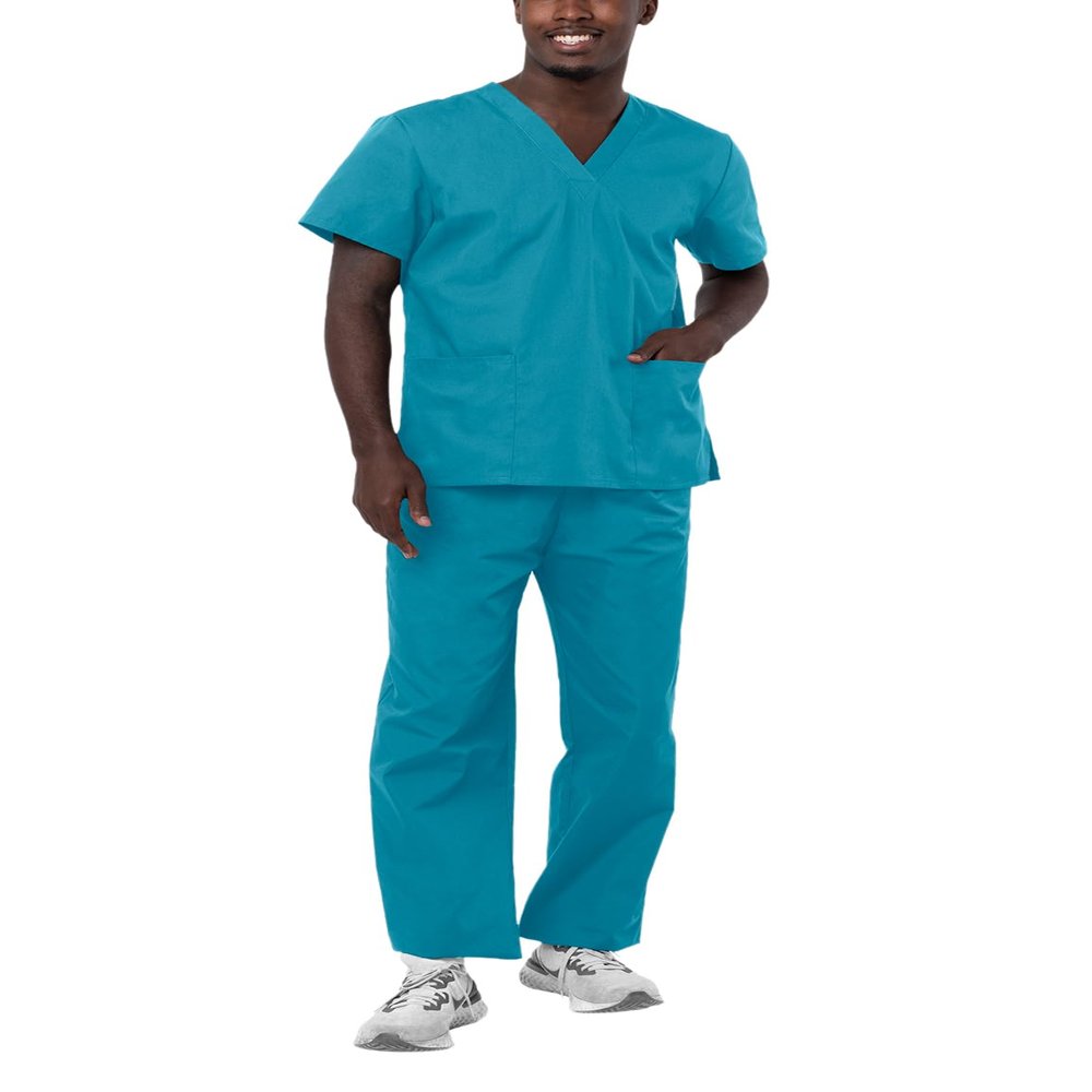 Adar Durable Unisex Scrubs Set - Classic V-Neck Scrub Top & Drawstring Scrub Pants For Men & Women - 701 - Teal Blue - 2X