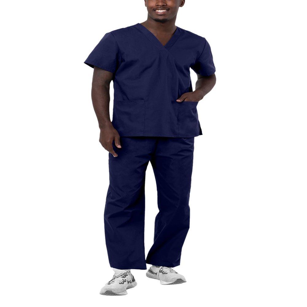 Adar Durable Unisex Scrubs Set - Classic V-Neck Scrub Top & Drawstring Scrub Pants For Men & Women - 701 - Navy - XS