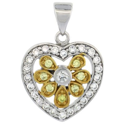 Sterling Silver Floral Heart Shape Micro Pave CZ Pendant Yellow Gold Accents, 11/16 inch Long
