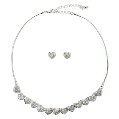 Topwholesalejewel Silver Crystal Rhinestone Heart Shape Stud Earrings & Heart Line Necklace Jewelry Set