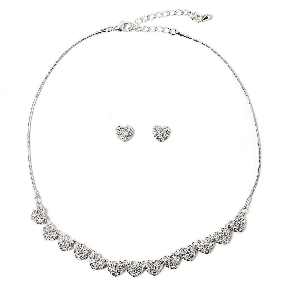 Topwholesalejewel Silver Crystal Rhinestone Heart Shape Stud Earrings & Heart Line Necklace Jewelry Set