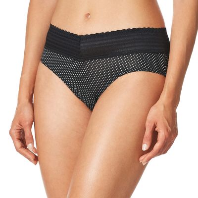 Olga Warner's Women's No Pinching No Problems Dig-Free Comfort Waist with Lace Microfiber Hipster 5609J, Black White Dot, Small