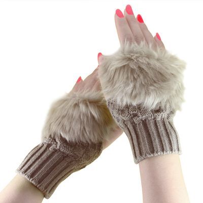 Women Girls Soft Wool Knit Faux Fur Winter Fingerless Gloves Cold Weather Mitten Arm Hand Warmer, Long/Medium/Short Sleeve