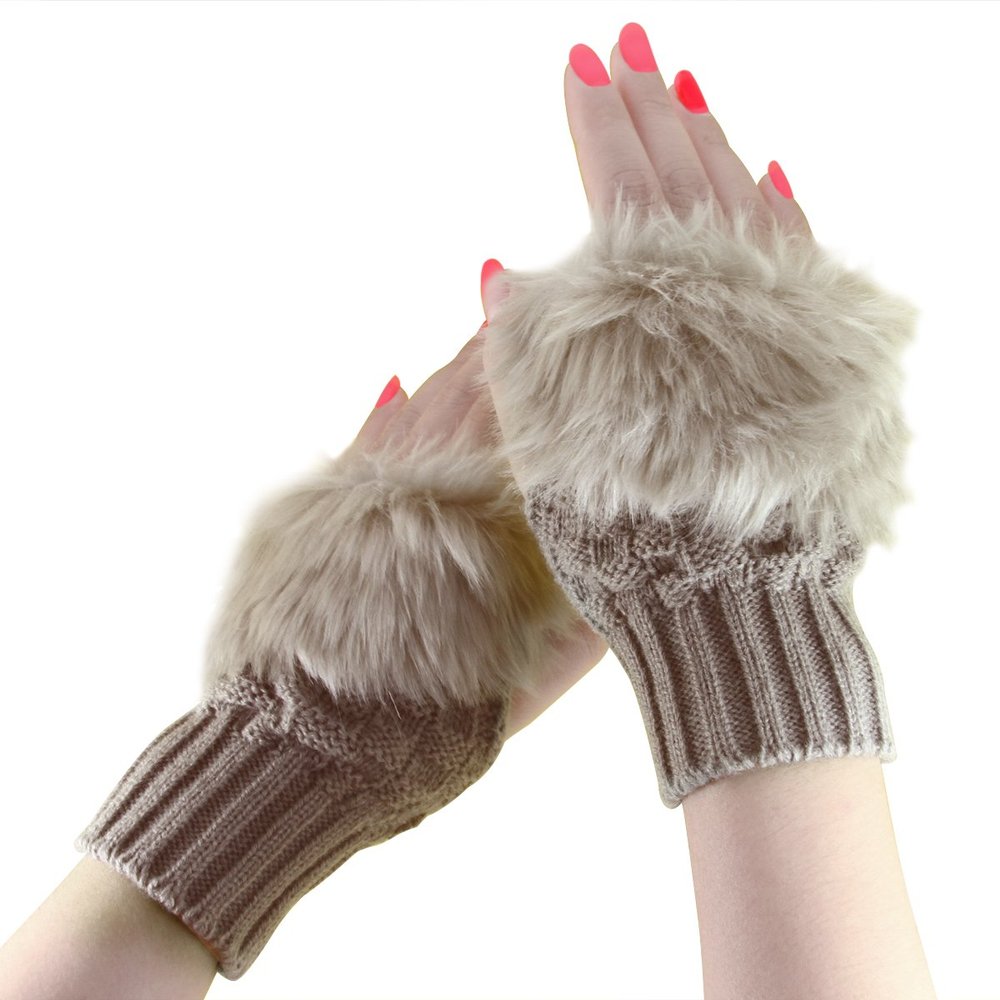 Women Girls Soft Wool Knit Faux Fur Winter Fingerless Gloves Cold Weather Mitten Arm Hand Warmer, Long/Medium/Short Sleeve