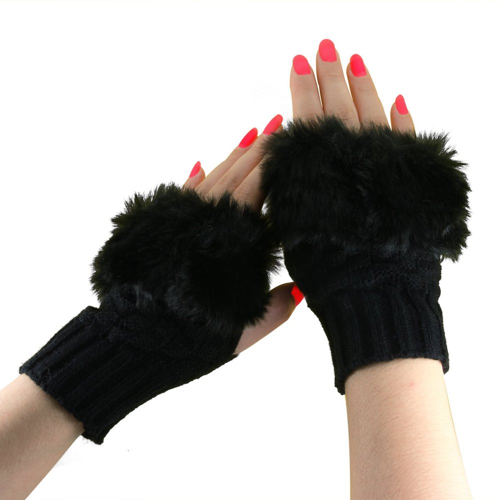 Women Girls Soft Wool Knit Faux Fur Winter Fingerless Gloves Cold Weather Mitten Arm Hand Warmer, Long/Medium/Short Sleeve