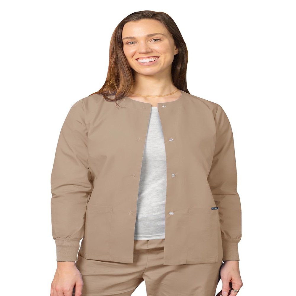 Adar Uniforms Women's Universal Round Neck Warm-Up Scrub Jacket - 602 - Khaki - M