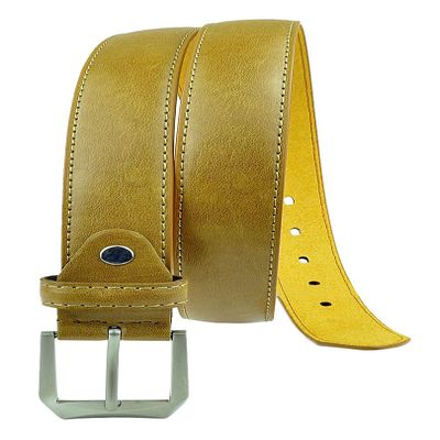 Moda Di Raza Men's Dress Belt Leather With Square Buckle Silver Polished - Single Prong Buckle - Tan/XL