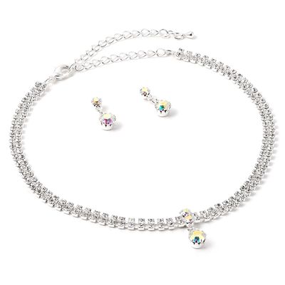 Topwholesalejewel Silver Crystal 2 Strand with Aurora Borealis Accent Necklace & Matching Dangle Earrings Jewelry Set