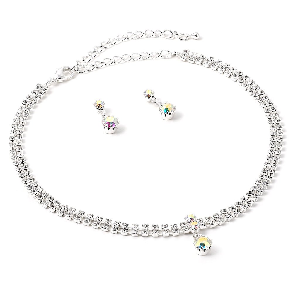 Topwholesalejewel Silver Crystal 2 Strand with Aurora Borealis Accent Necklace & Matching Dangle Earrings Jewelry Set