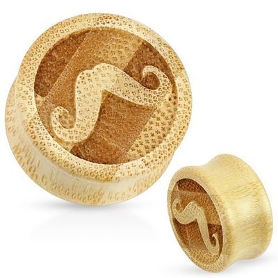 Body Accentz Plugs Earrings Organic Natural Bamboo Wood with Mustache Carved Saddle Plug- Sold as Pair