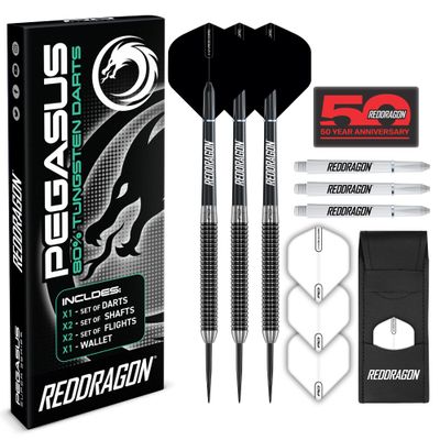 RED DRAGON Pegasus 25 Gram Professional Tungsten Steeltip Darts Set with Flights, Stems (Shafts) and Wallet
