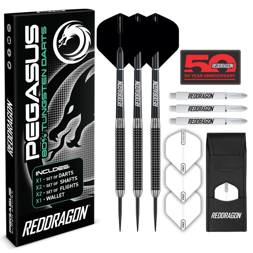 RED DRAGON Pegasus 25 Gram Professional Tungsten Steeltip Darts Set with Flights, Stems (Shafts) and Wallet