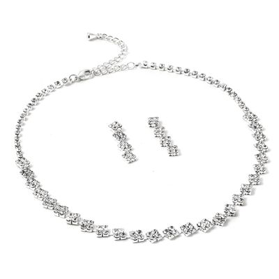 Topwholesalejewel Silver Crystal Rhinestone Single Line Square Necklace and Matching Dangle Earrings Jewelry Set