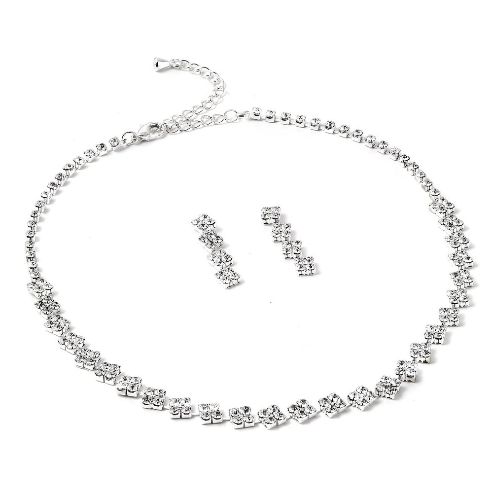 Topwholesalejewel Silver Crystal Rhinestone Single Line Square Necklace and Matching Dangle Earrings Jewelry Set