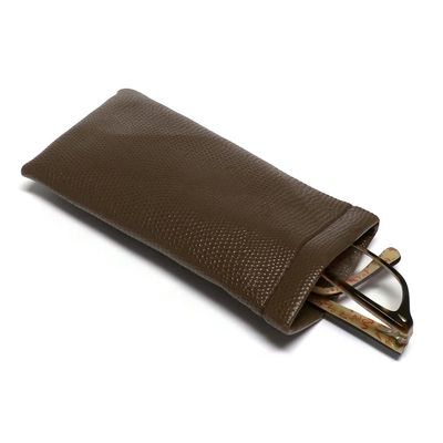 Calabria Soft Squeeze Spring Top Eyeglass Case Brown Snakeskin PU Leather Men Women Glasses Pouch Snap Closure Sunglass Bag