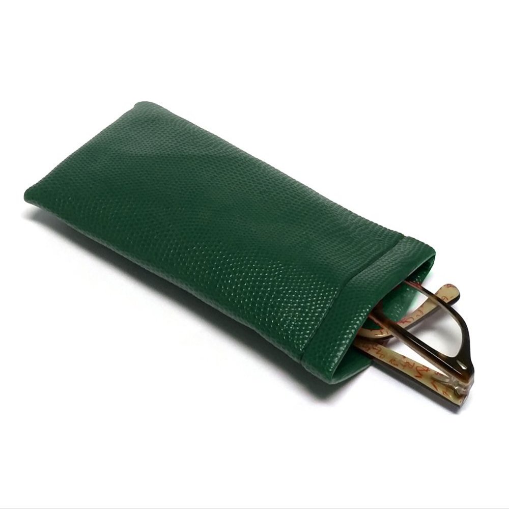 Calabria Soft Squeeze Spring Top Eyeglass Case Green Snakeskin PU Leather Men Women Glasses Pouch Snap Closure Sunglass Bag