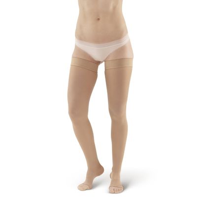 Ames Walker AW Style 265 Microfiber Opaque 20-30 mmHg Firm Compression Open Toe Thigh High Stockings w/Dot Band Natural Large