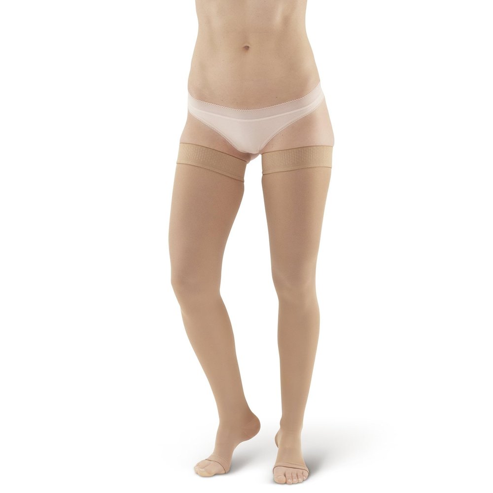 Ames Walker AW Style 265 Microfiber Opaque 20-30 mmHg Firm Compression Open Toe Thigh High Stockings w/Dot Band Natural Large