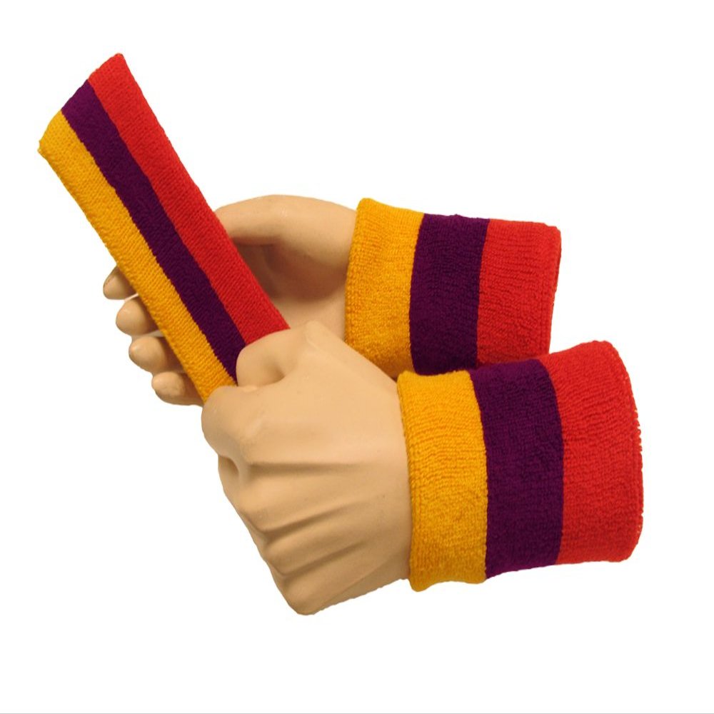 Couver Gold Yellow/Purple/Red Terry Sports Sweat Headband, Wristband Set