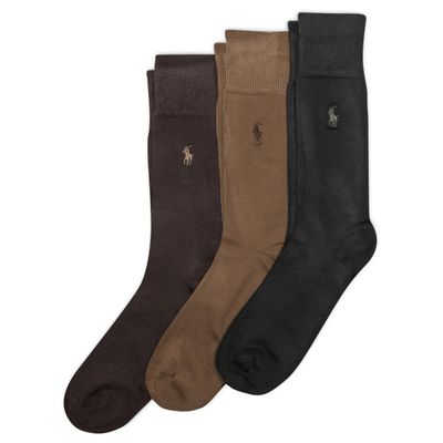POLO RALPH LAUREN Mens Dress Crew Socks - 3 Pair Pack Heel-toe Reinforcement Supersoft Flat, Brown, 6-12.5 US