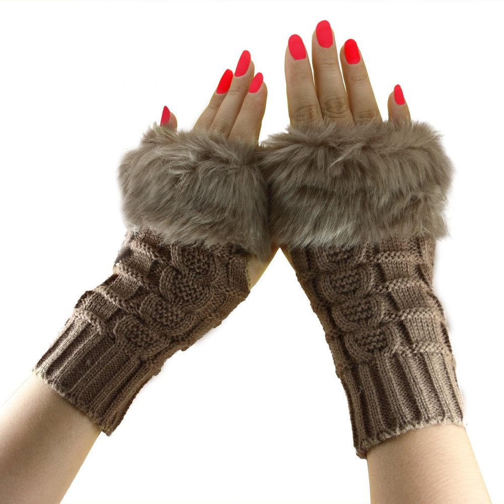 Women Girls Soft Wool Knit Faux Fur Winter Fingerless Gloves Cold Weather Mitten Arm Hand Warmer, Long/Medium/Short Sleeve