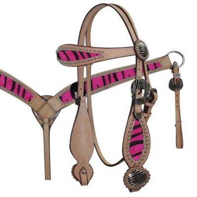Zebra Hair Hide Black Pink Bridle Reins Breast Collar Light Leather Horse Size