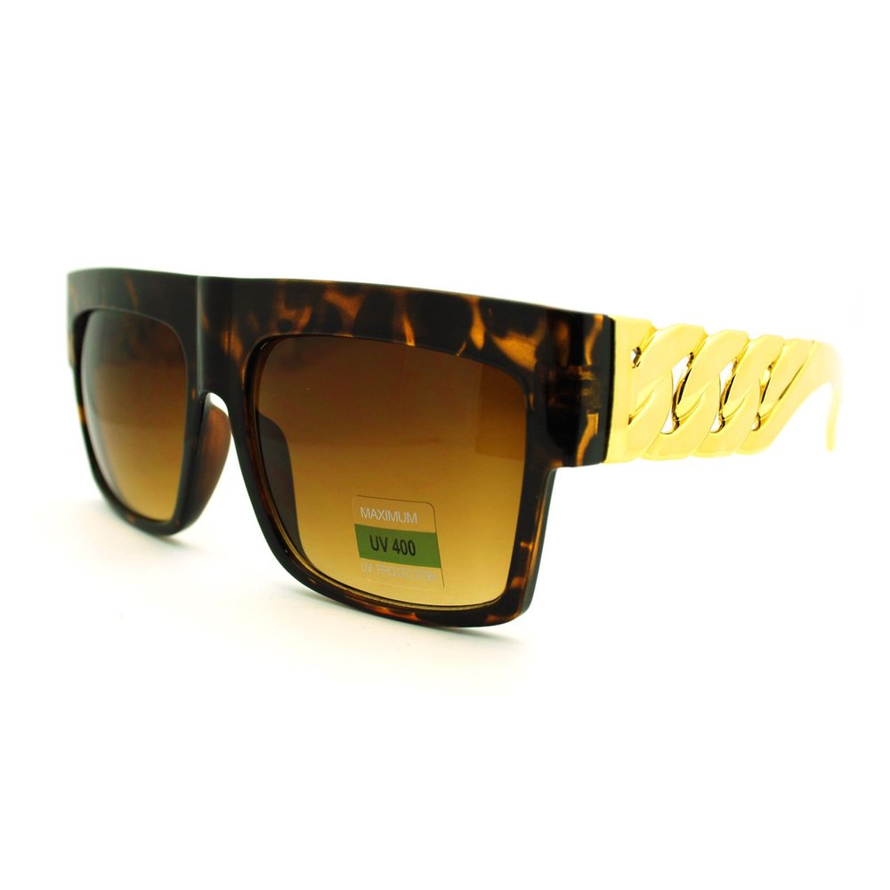 Designer Inspired Thick Gold Link Chain Flat Top Unisex Sunglasses Tortoise B...
