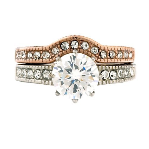 1000 Jewels Peaches: Ice on Fire CZ 2 pc Wedding Ring Set 316 Steel and IP Rose Gold-Tone Finish, 3092A sz 7.0