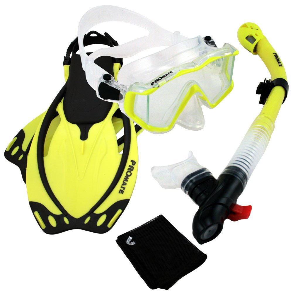 9990, nYellow, ML/XL, PROMATE Snorkeling Scuba Dive Panoramic Purge Mask Dry Snorkel Fins Gear Set