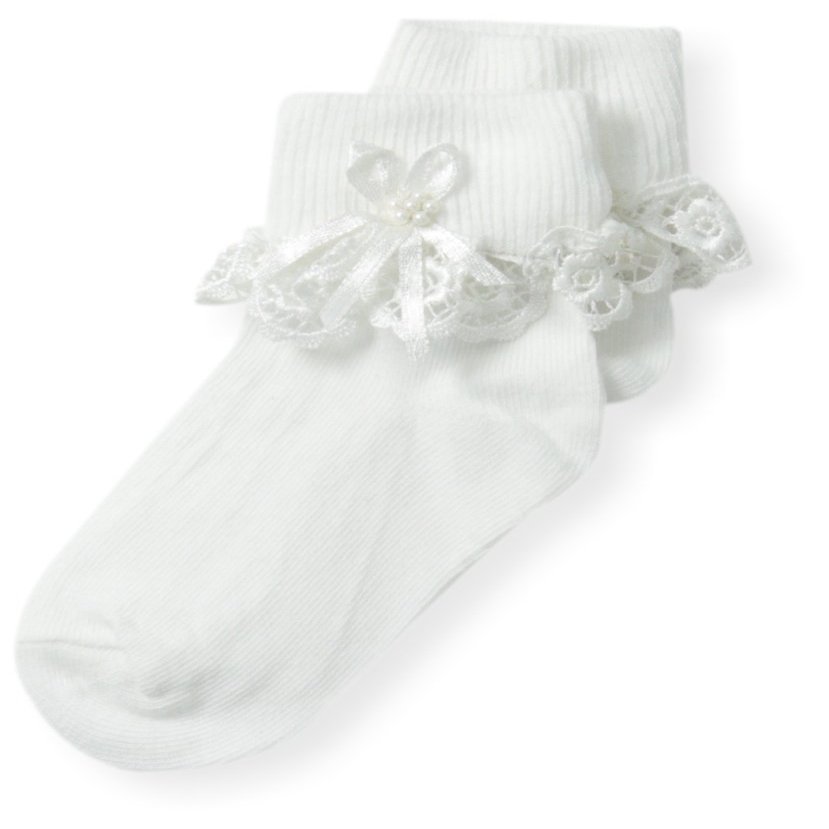 Country Kids Baby Girls' Venice Lace Pearl Streamer 1 Pair Pack, White, 3-12 Months (Sock Size 4-5 / Shoe Size 1-4)