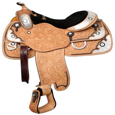 Showman 16" floral tooled show saddle with black inlay.