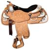 Showman 16" floral tooled show saddle with black inlay. view 1