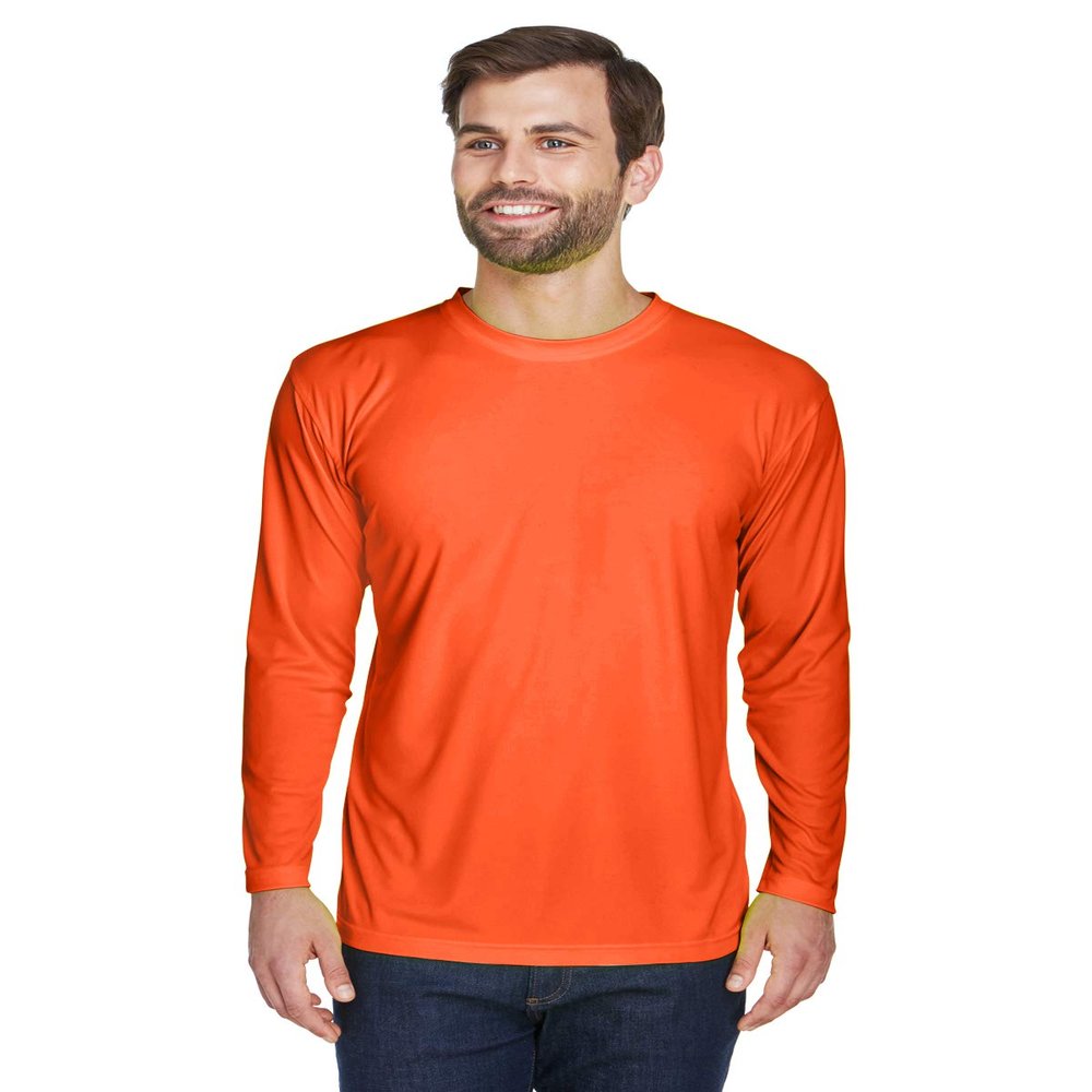 UltraClub Adult Cool Dry Sport Long-Sleeve Interlock T-Shirt S BRIGHT ORANGE