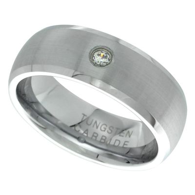 8mm Domed Tungsten Carbide Cubic Zirconia Wedding Band Ring for Men Satin Finish Beveled Edges Comfort fit size 10.5