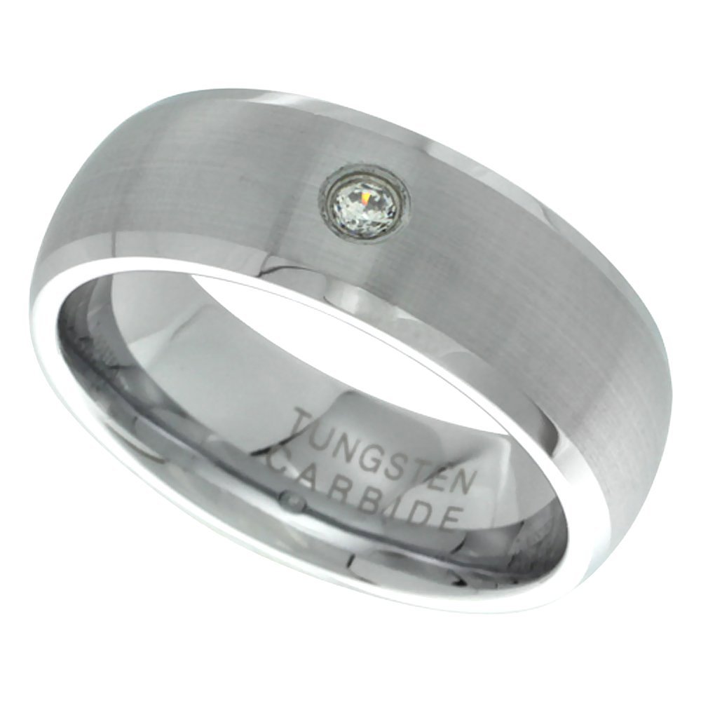 8mm Domed Tungsten Carbide Cubic Zirconia Wedding Band Ring for Men Satin Finish Beveled Edges Comfort fit size 10.5