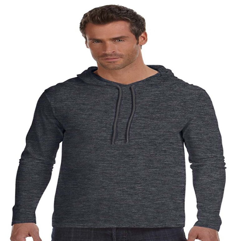 Anvil Ringspun Long-Sleeve Hooded T-Shirt, Heather Dark Grey/Dark Grey, Small