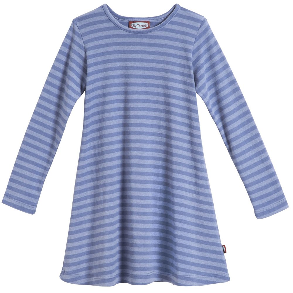 City Threads Girls' Cotton Long Sleeve Dress for School Party Dress Play Base Layer for Sensitive Skin SPD Sensory Friendly, Striped Denim Blue, 18/24m